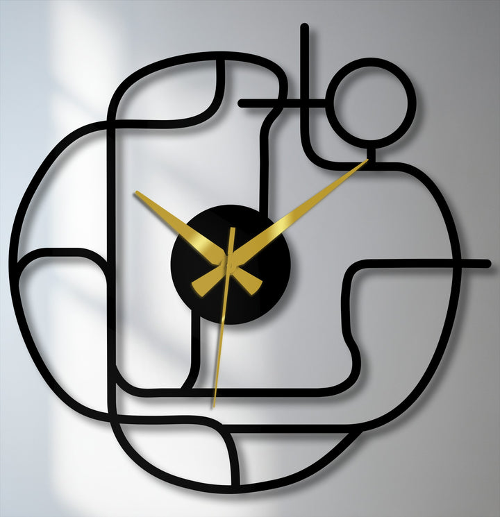 Visual rhythm is created by the continuous, looping lines of this abstract metal artwork clock, adding a modern, minimalist design element.