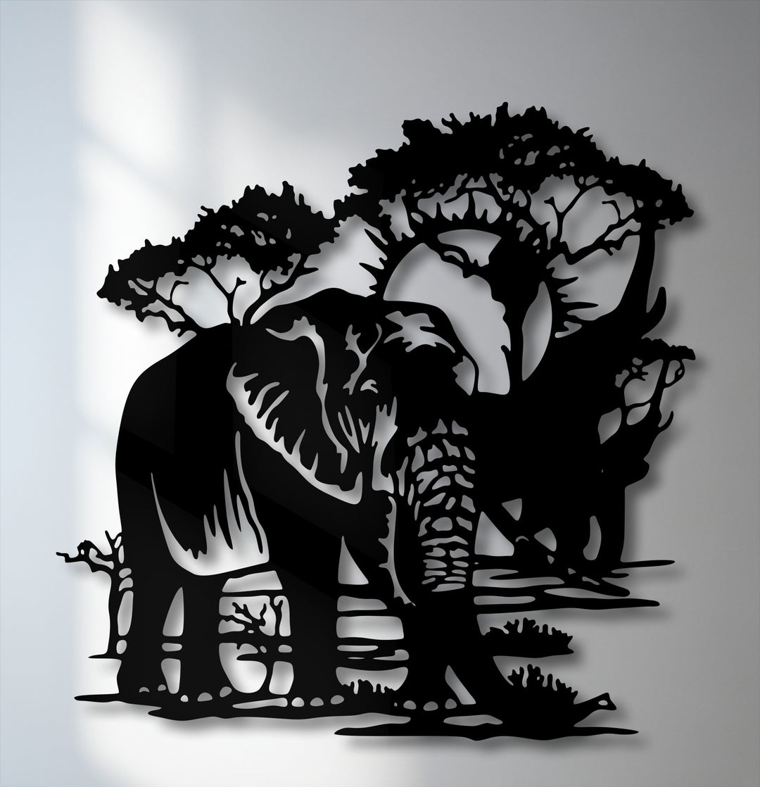 The realistic detail of this majestic safari elephant decoration wall art showcases intricate trees and the powerful animal in a striking metal silhouette.