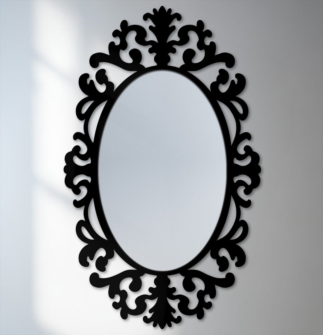 Muted color saturation highlights the black metal frame of this Regal Flourish Baroque oval decoration wall art, offering an understated elegance.