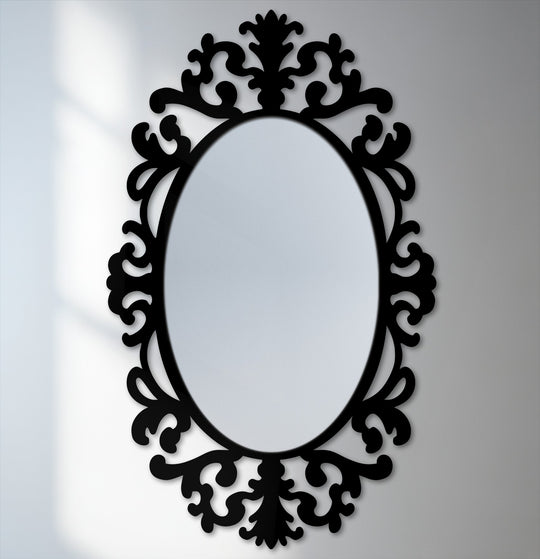 Muted color saturation highlights the black metal frame of this Regal Flourish Baroque oval decoration wall art, offering an understated elegance.