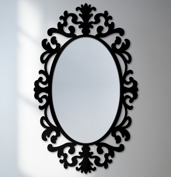 Muted color saturation highlights the black metal frame of this Regal Flourish Baroque oval decoration wall art, offering an understated elegance.