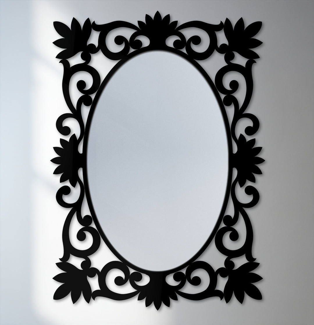 Subtle gradations highlight the transition between the elegant floral baroque and the mirror for wall decor reflecting the ambient light.