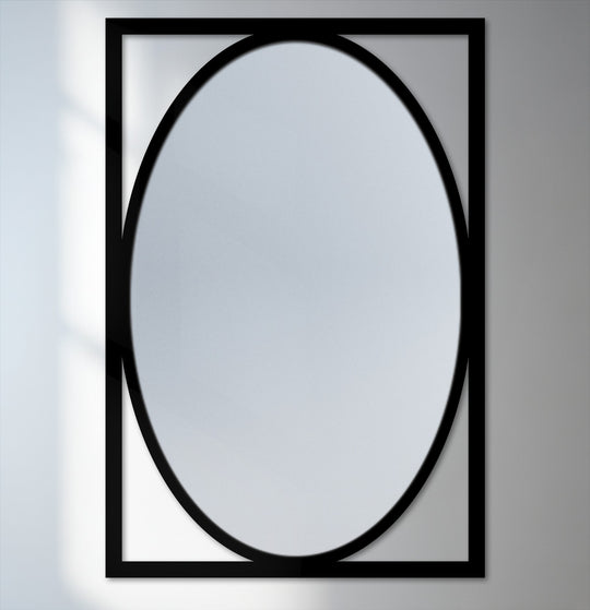 The rectangular metal art for wall contrasts with the modern oval framed wall mirror, making a minimalist and bold home decor statement.