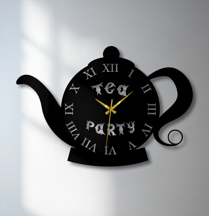 Negative space outlines this teapot-shaped metal artwork wall clock, giving a vintage feel with its roman numerals design, ideal for a charming kitchen or cafe.
