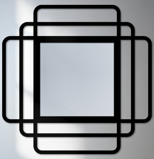 Black-framed bathroom mirror features a modern design with layered, rounded squares, making it a striking and loud element for contemporary interiors.
