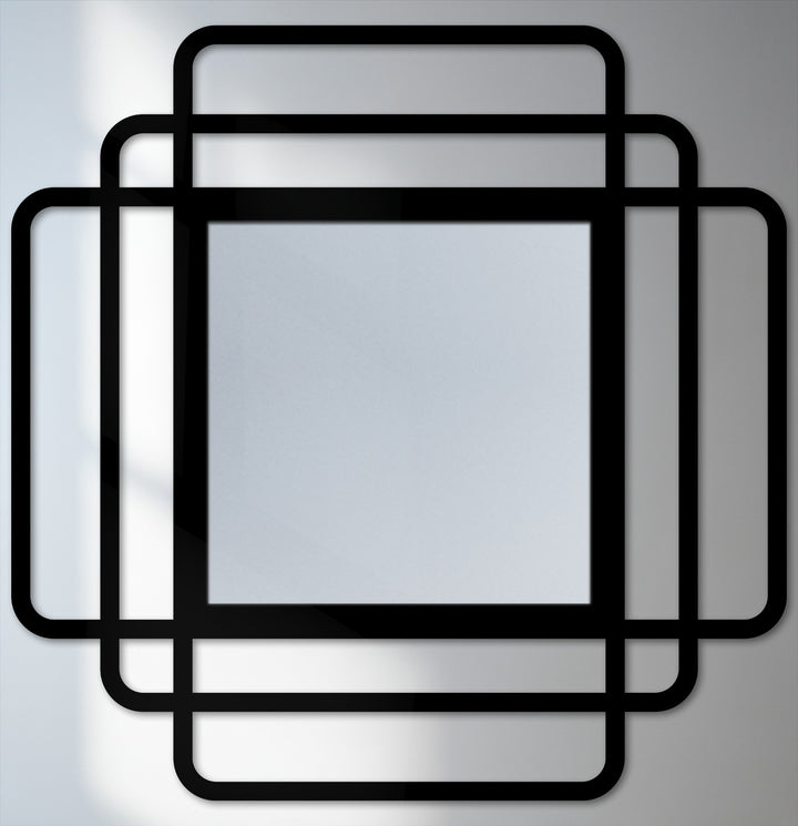 Black-framed bathroom mirror features a modern design with layered, rounded squares, making it a striking and loud element for contemporary interiors.