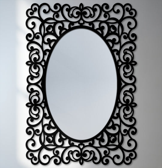 Foreground detail features ornate, baroque-style decoration wall art in this regal scrollwork oval wall mirror with an accent frame.