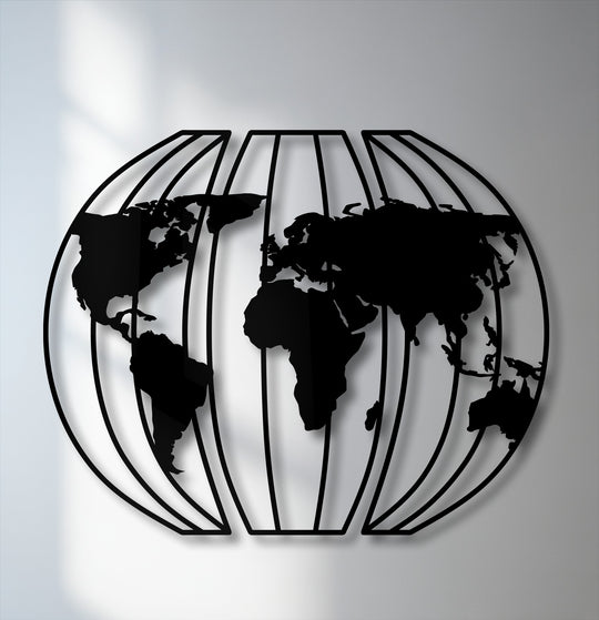 A striking black 3D globe world map, presented as unique metal wall art, casts an intricate shadow on a light grey background.