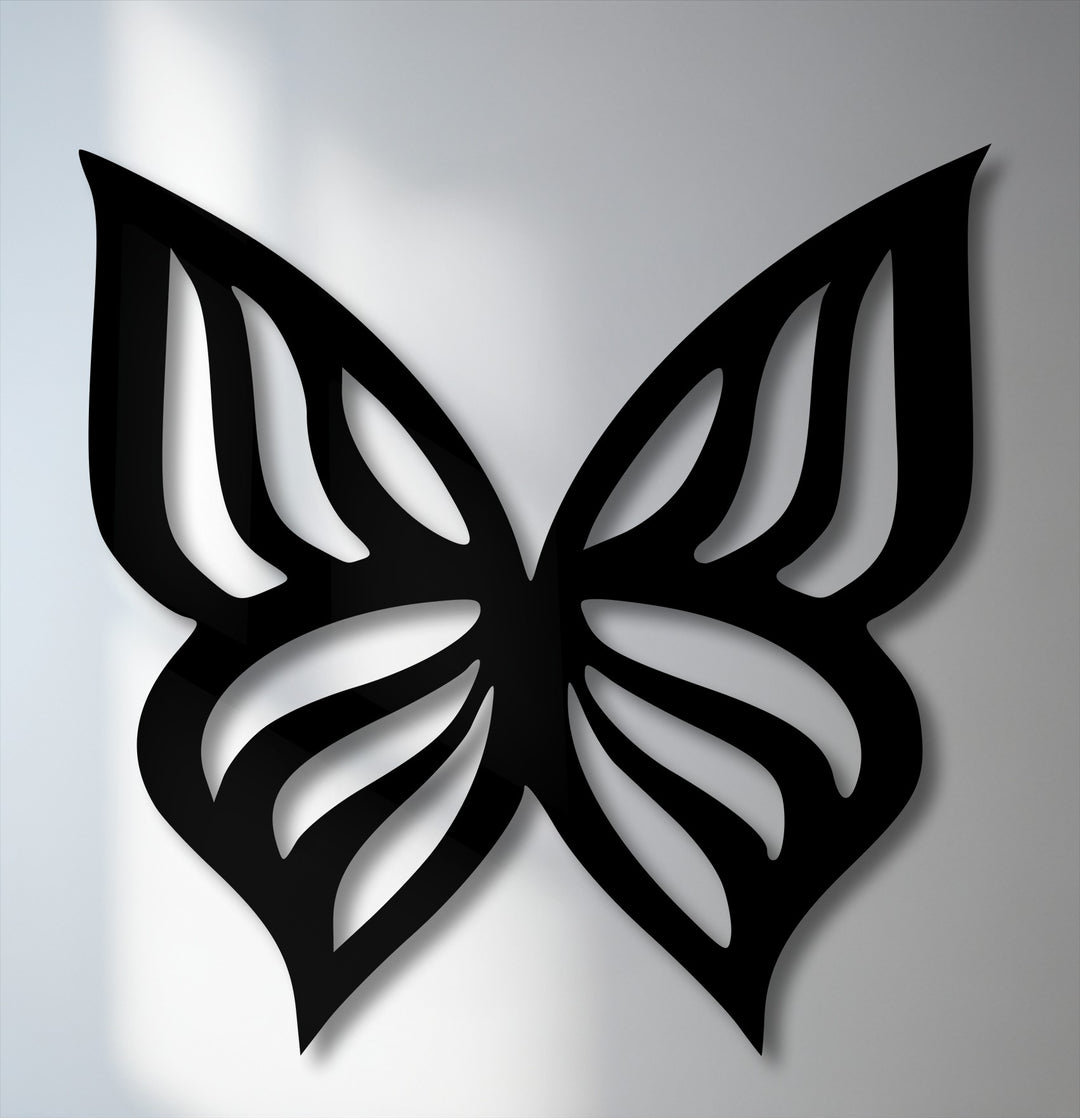 Displaying captivating depth and layers, an elegant butterfly silhouette metal wall decor casts intricate shadows on the wall.