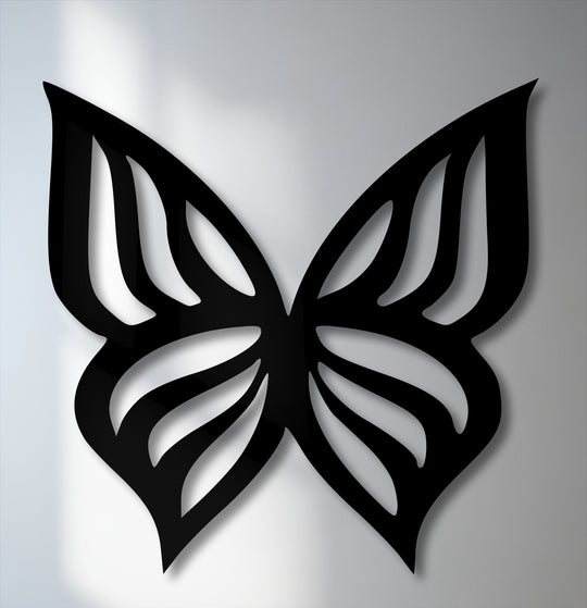 Displaying captivating depth and layers, an elegant butterfly silhouette metal wall decor casts intricate shadows on the wall.