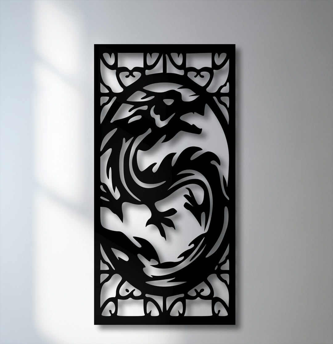 The visual rhythm of this unique metal wall art pulses with the fierce mythical dragon's dynamic, swirling body and ornate frame, casting sharp shadows.