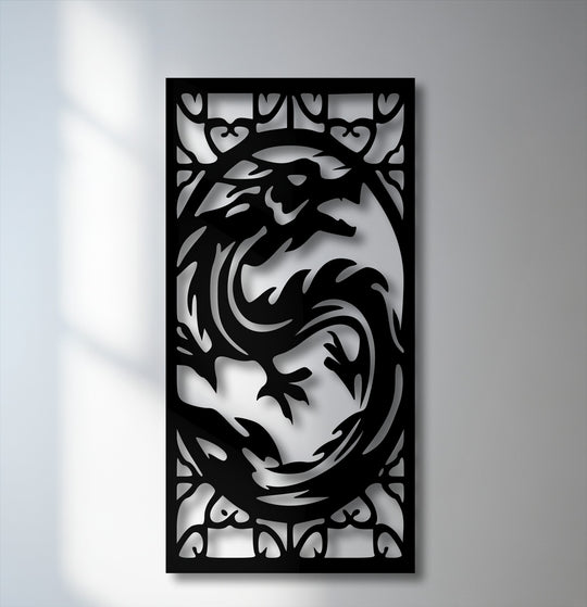 The visual rhythm of this unique metal wall art pulses with the fierce mythical dragon's dynamic, swirling body and ornate frame, casting sharp shadows.