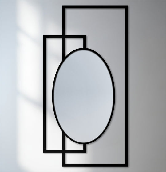 Highlighting the darkest area reveals the strong, black geometric frame creating a striking contrast in this interlock geometry oval modern wall mirrors design.