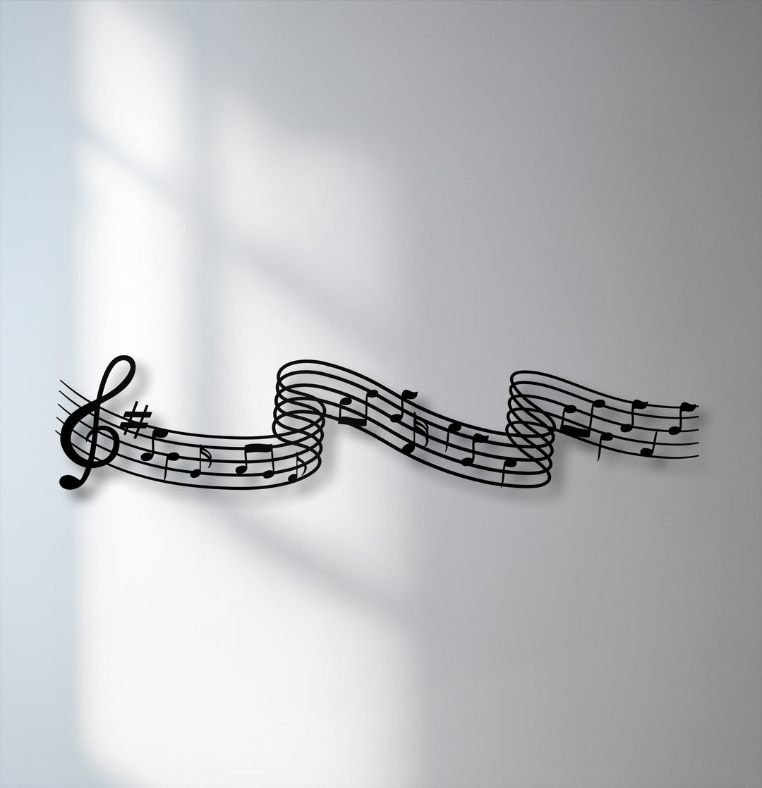 Abstract flowing melody notes metal artwork create a dynamic and elegant musical design on a light background.