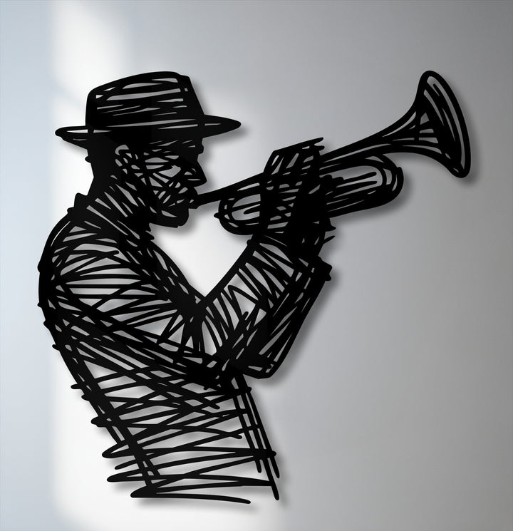Layered contours of a black metal jazz trumpet player musician silhouette create impressive depth with its cast shadow, forming unique decoration wall art.
