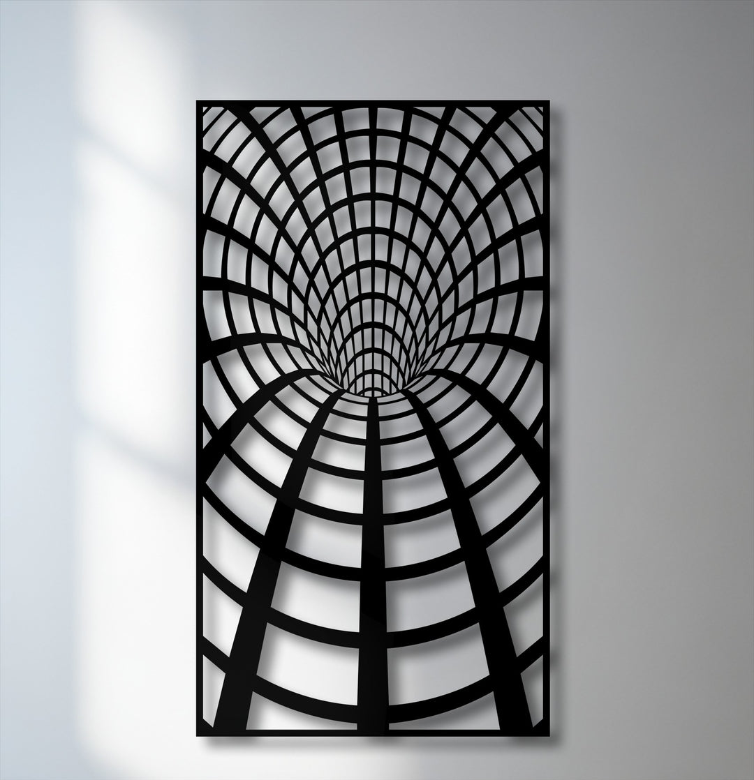 A black and white optical tunnel grid creates a hypnotic geometric illusion in this captivating metal art for wall.