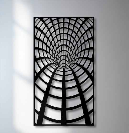 A black and white optical tunnel grid creates a hypnotic geometric illusion in this captivating metal art for wall.