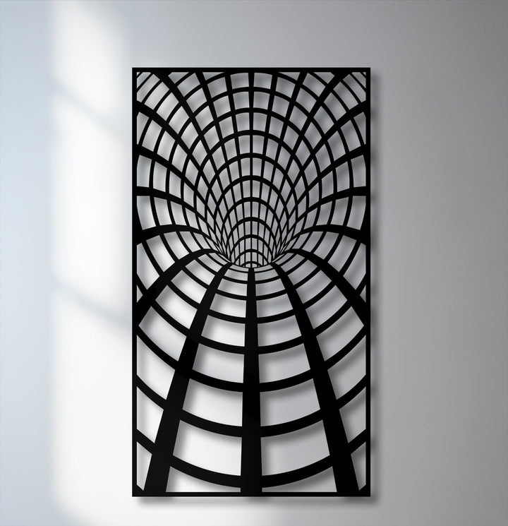 A black and white optical tunnel grid creates a hypnotic geometric illusion in this captivating metal art for wall.