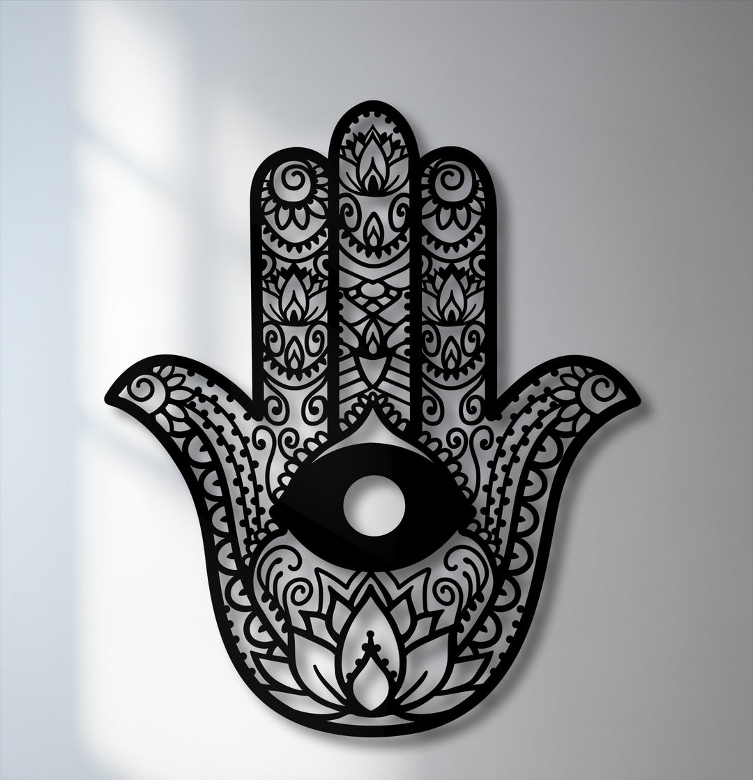 The subtle transition from white to light gray in the background creates depth for this stunning Hamsa Hand evil eye metal art for wall.
