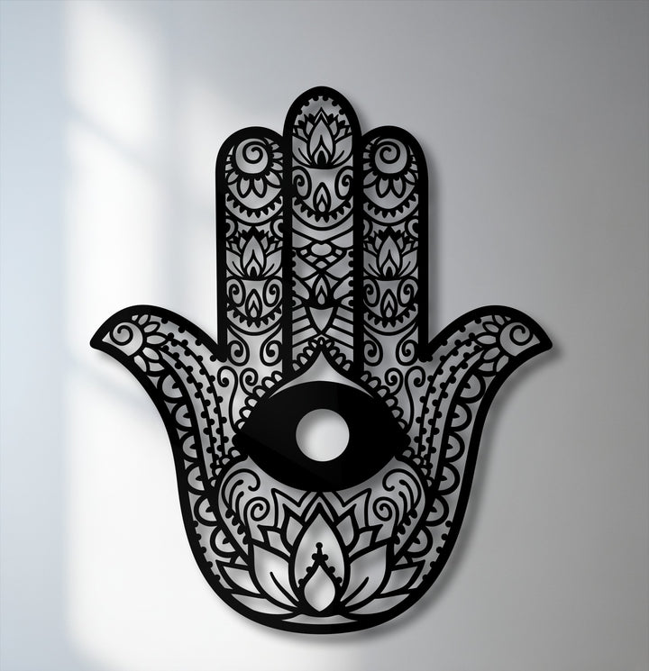 The subtle transition from white to light gray in the background creates depth for this stunning Hamsa Hand evil eye metal art for wall.