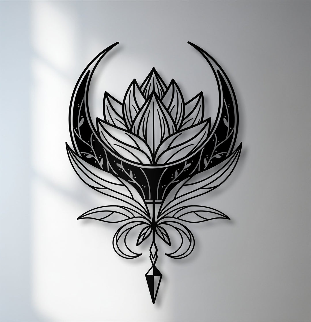 The darkest area reveals a striking, intricate black celestial lotus and mandala design, a truly unique metal wall art piece.