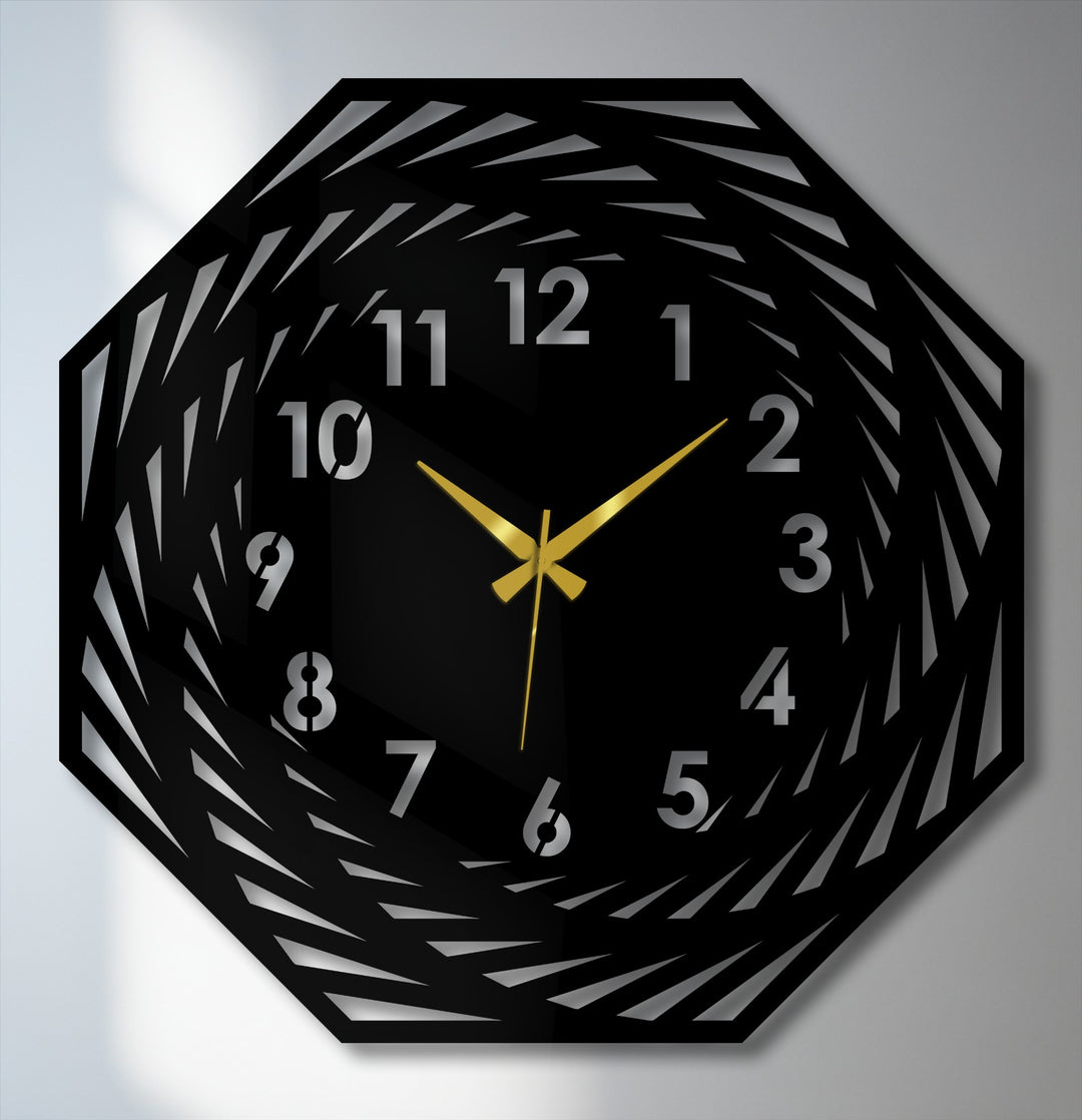 Foreground detail showcases the modern spiral geometric metal wall clock as a unique decoration wall art piece with intricate cut-out designs.