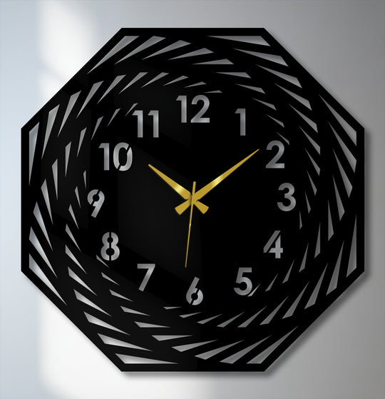Foreground detail showcases the modern spiral geometric metal wall clock as a unique decoration wall art piece with intricate cut-out designs.