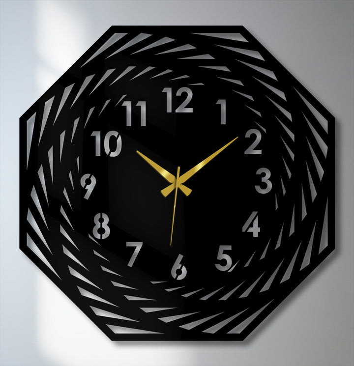 Foreground detail showcases the modern spiral geometric metal wall clock as a unique decoration wall art piece with intricate cut-out designs.