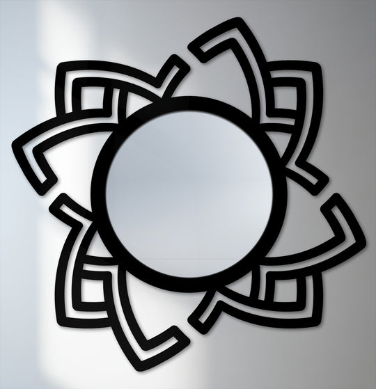 Negative space defines the bold, abstract rotating frame, creating a striking decoration wall art design within this modern metal wall mirror.