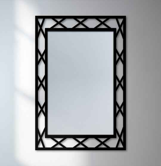 Highlighting the mirror's reflective surface, the brightest area showcases this diamond lattice black metal floor mirror's modern frame as a striking piece of decoration wall art.