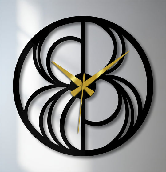 Black is the dominant color in this abstract swirl metal wall clock featuring a geometric design, serving as a striking piece of decorative metal art.