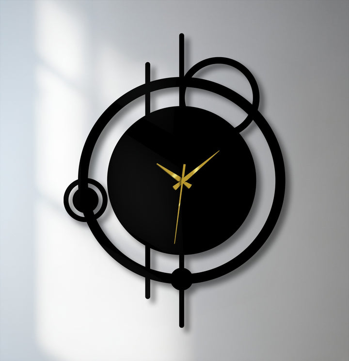 White and gray gradients softly illuminate the background behind this modern abstract orbit wall clock, a decorative metal art piece featuring a minimal circle design.
