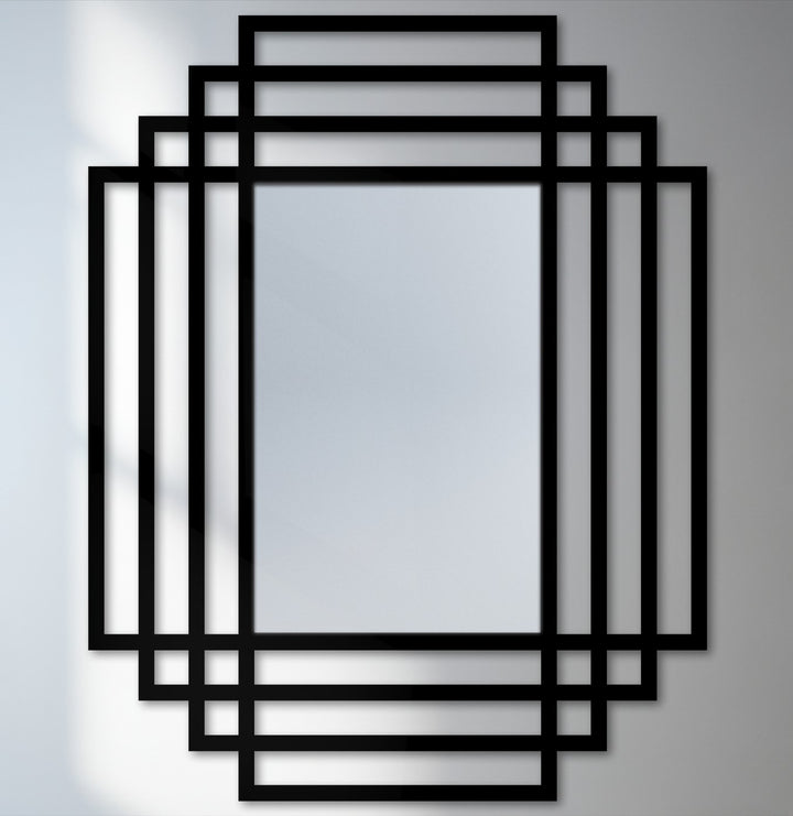 The central subject of this symmetry grid shows a bold mirror for wall decor within a modern layered frame, offering a striking focal point.