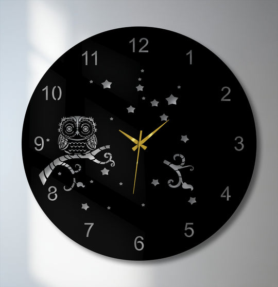 The background of this metal artwork clock is a glossy black surface with subtle reflections and a twinkling starry sky design.
