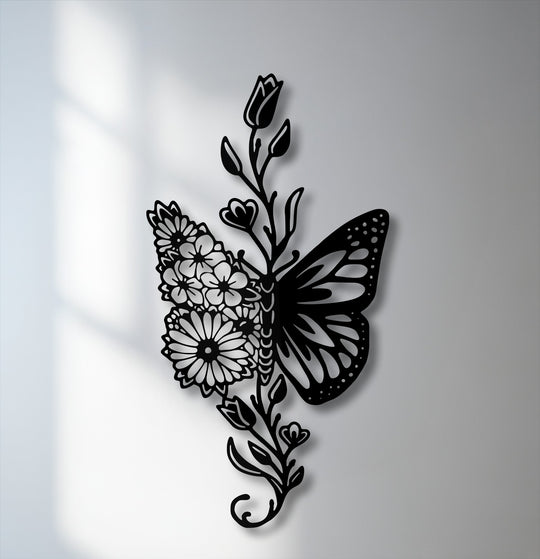 Showcasing impressive depth and distinct layers, this elegant floral butterfly metal wall decor creates a captivating visual with its prominent shadows.