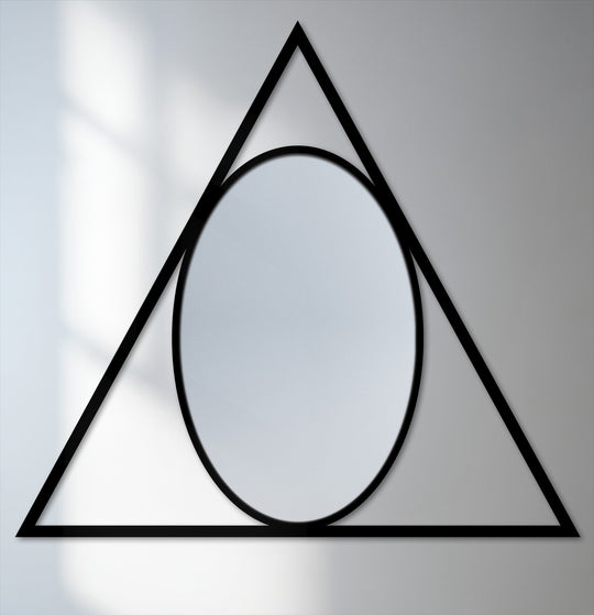 Contrasting depths and layers highlight the modern wall mirrors in this geometric triangle frame oval mirror, creating a visually striking accent.