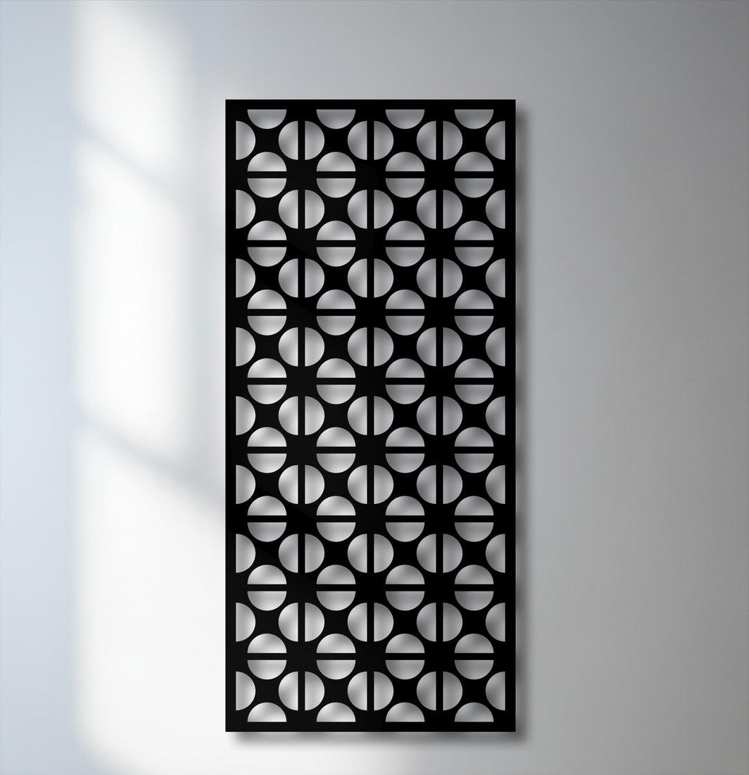 The darkest area reveals an intricate geometric circle pattern on a black metal panel, creating a stunning decoration wall art piece.