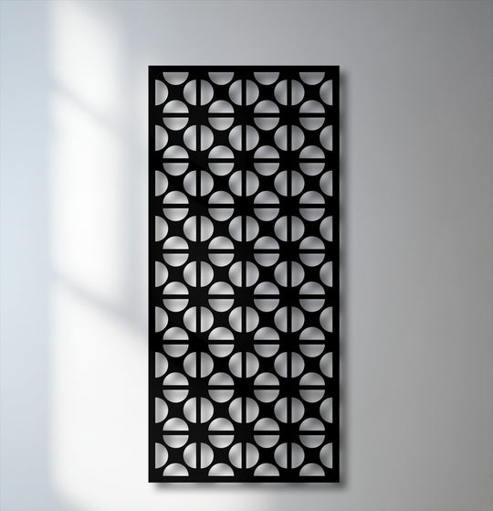 The darkest area reveals an intricate geometric circle pattern on a black metal panel, creating a stunning decoration wall art piece.