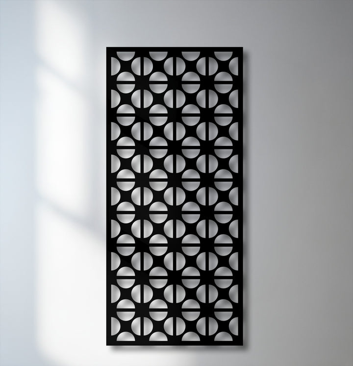 The darkest area reveals an intricate geometric circle pattern on a black metal panel, creating a stunning decoration wall art piece.
