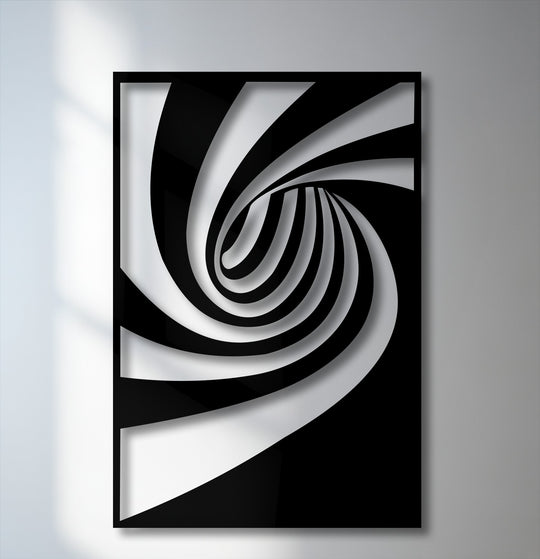 Stark black and white color contrast creates a dynamic, hypnotic abstract spiral flow decorative metal art piece with a modern geometric twist design.