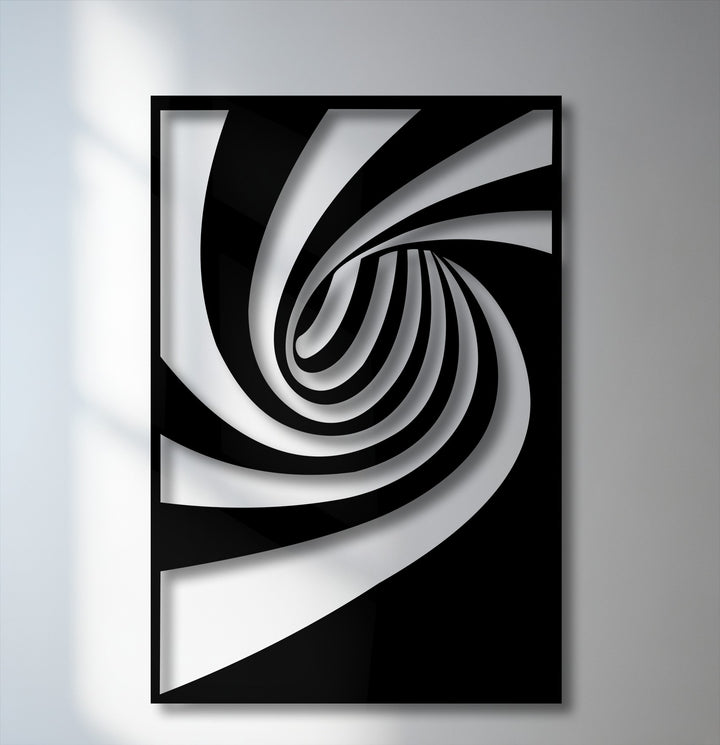 Stark black and white color contrast creates a dynamic, hypnotic abstract spiral flow decorative metal art piece with a modern geometric twist design.