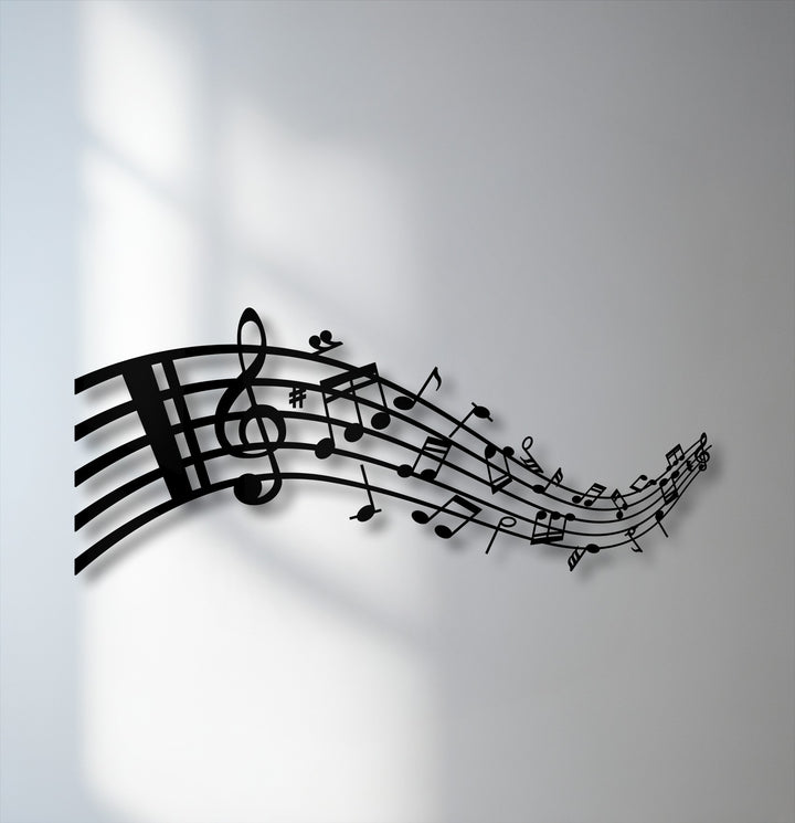 Soft, diffused shadows from the flowing musical notes and treble clef create an ethereal backdrop for this decorative metal art.