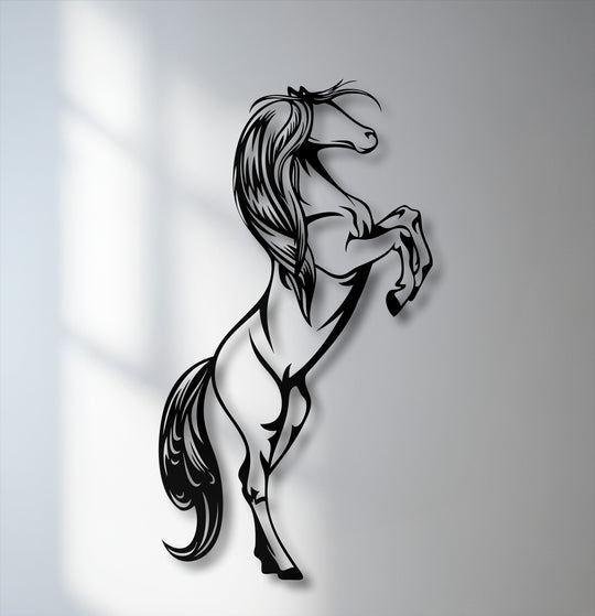 With striking color saturation, this rearing horse decorative metal art forms a dynamic animal silhouette against a soft gray background.