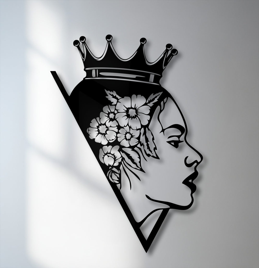 Monochromatic color saturation provides a striking contrast for this elegant floral queen silhouette unique metal wall art.