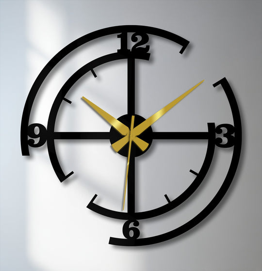 Blurred background contrasts with the modern black geometric design of this decorative metal artwork wall clock, highlighting its minimalist style.