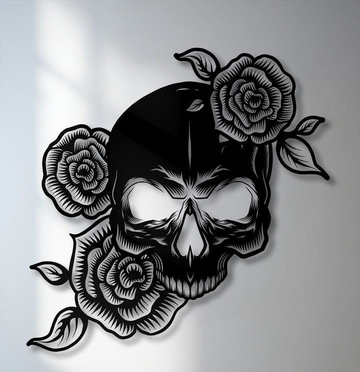 The high contrast black and white floral skull metal wall art features bold, desaturated tones, making it striking decoration wall art.