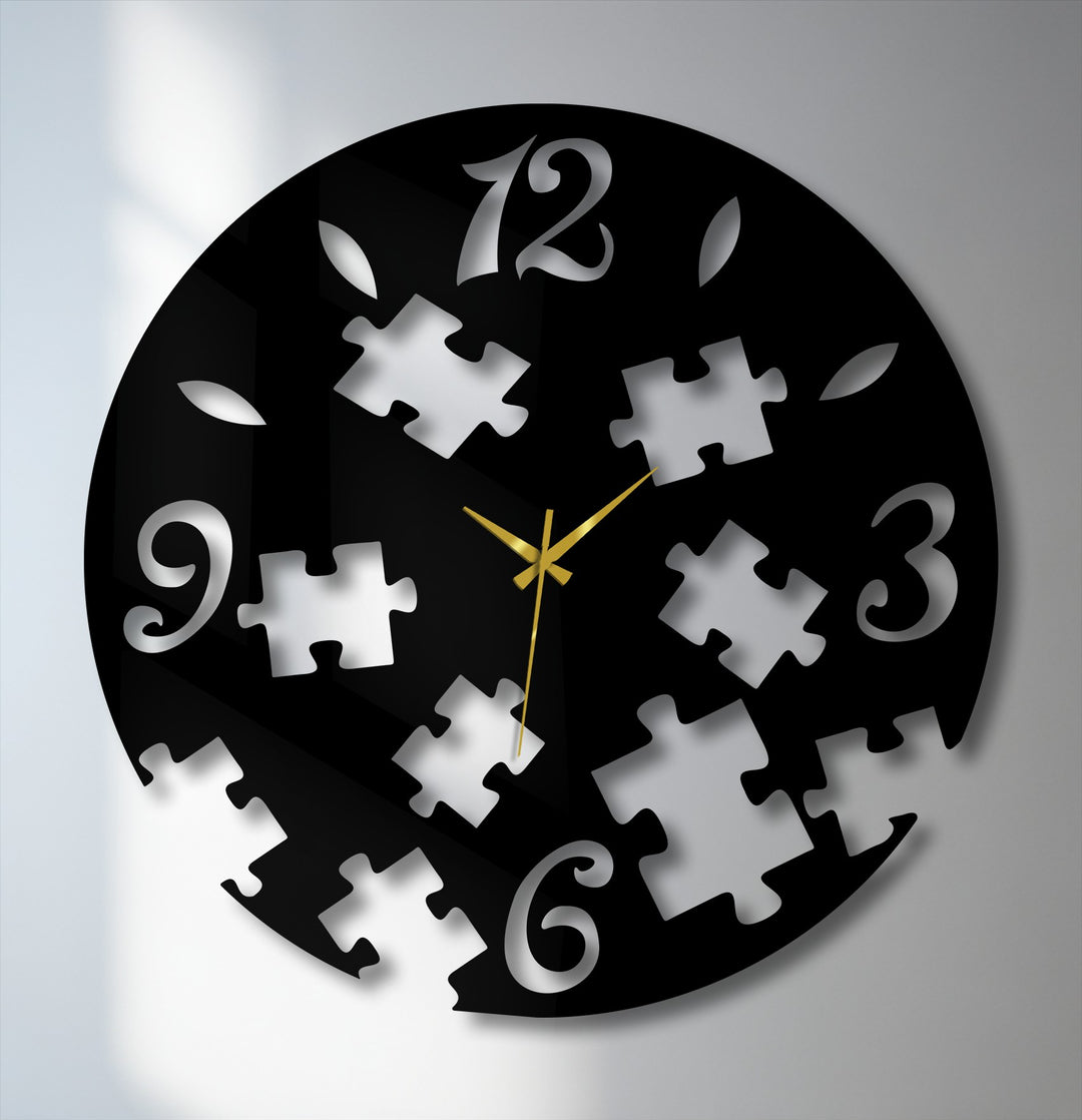 The puzzle pieces form a unique and abstract metal art for wall within the contemporary Puzzle Pieces Metal Wall Clock, showcasing gold hands.