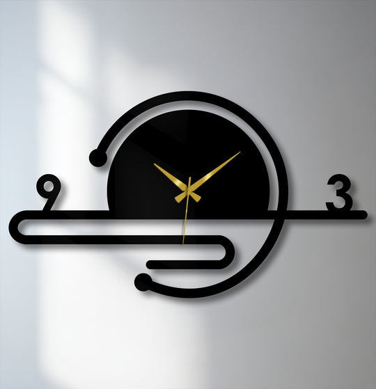 Subtle light and shadow define the edges of this minimalist orbit line design, showcasing the sleek forms of this black metal art for wall clock.
