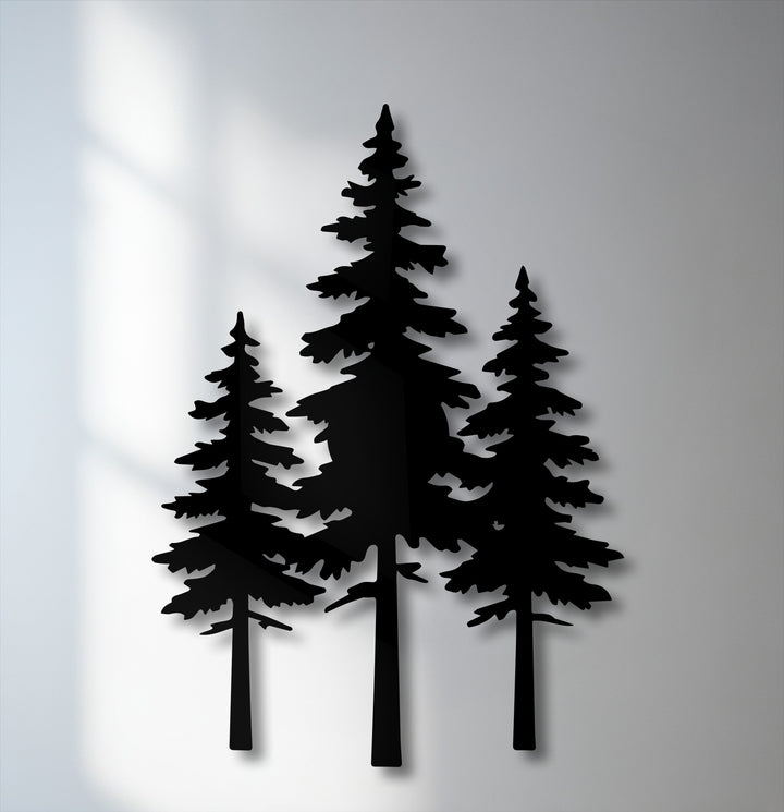 The subtle transition between light gray and deep black forms the striking silhouette of a pine forest, creating unique metal wall art.