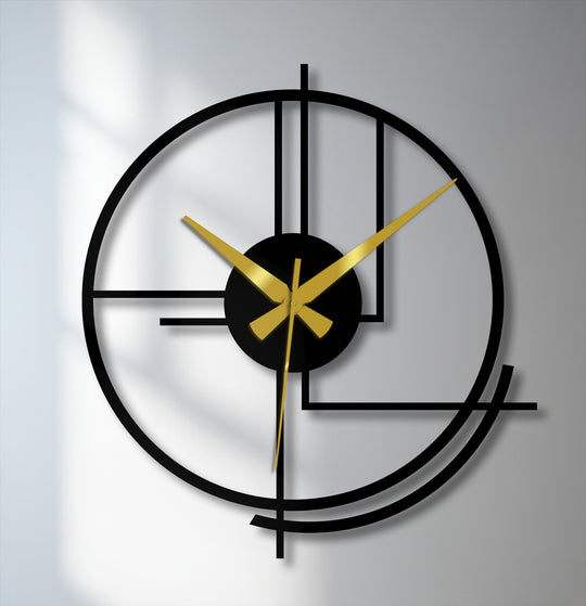 The darkest area highlights the modern circular metal wall clock's abstract lines, offering a striking decoration wall art display.